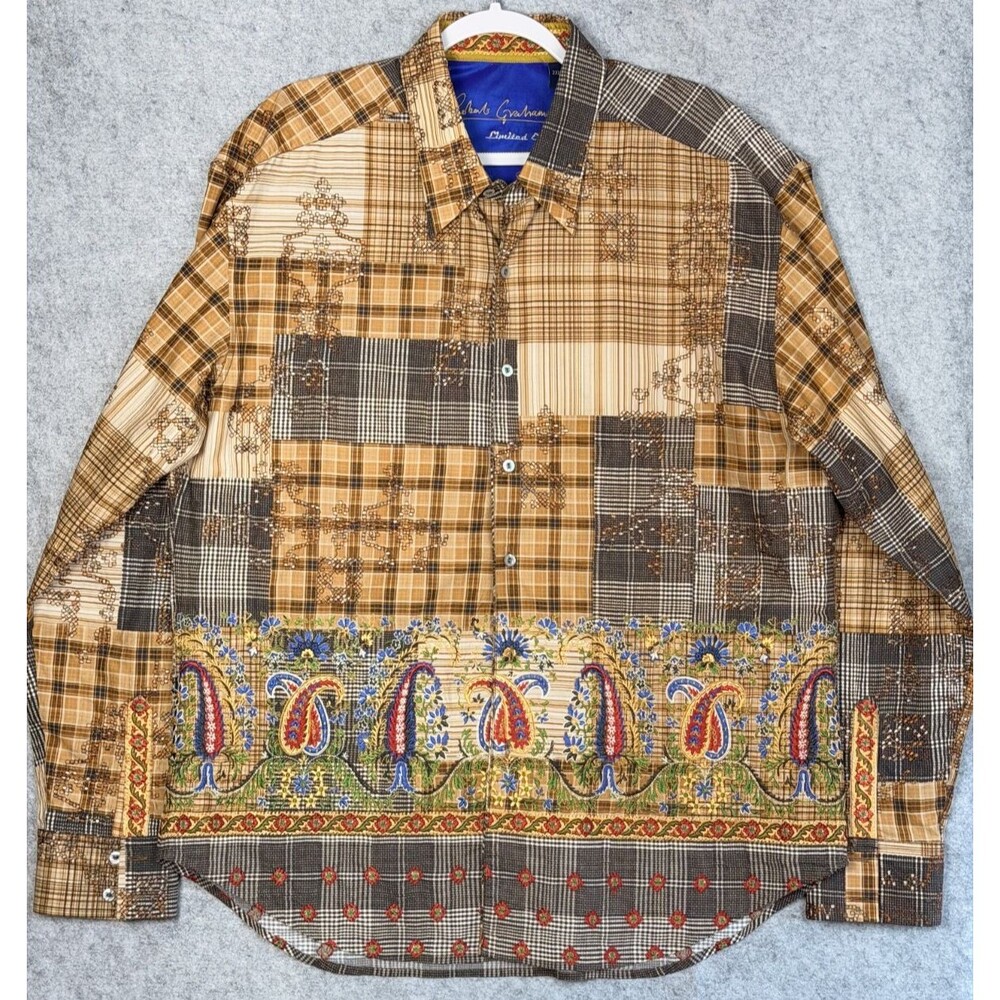 Robert Graham Limited Edition Mens 2XL Shirt Patchwork Brown Paisley Embroidered